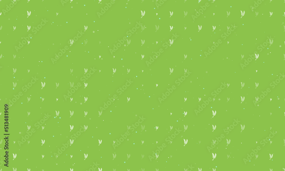 Seamless background pattern of evenly spaced white wheat symbols of different sizes and opacity. Vector illustration on light green background with stars