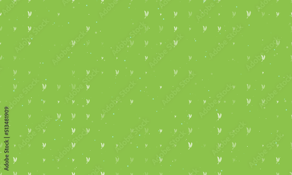 Seamless background pattern of evenly spaced white wheat symbols of different sizes and opacity. Vector illustration on light green background with stars Seamless background pattern of evenly spaced white wheat symbols of different sizes and opacity. Vector illustration on light green background with stars