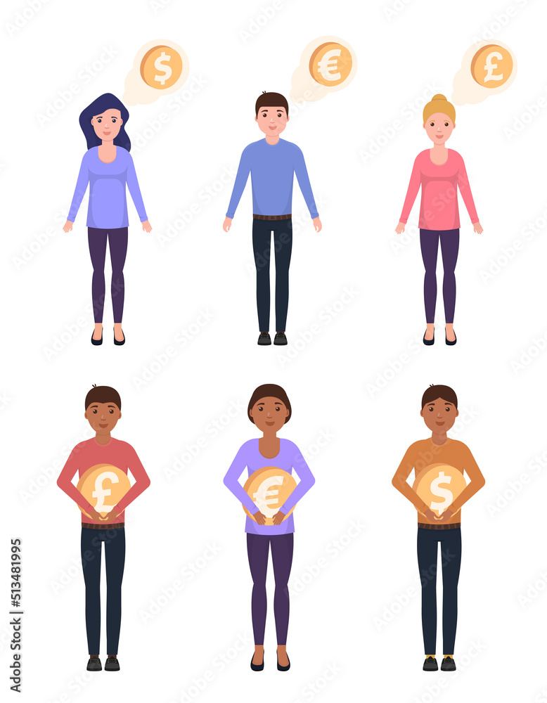 Vector illustration of people with money. Men and women interact with money. Currencies dollar, euro, pound sterling. Vector illustration of people with money. Men and women interact with money. Currencies dollar, euro, pound sterling.