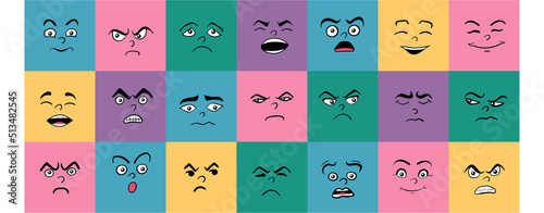 Cartoon cute and funny faces with positive and negative emotions.