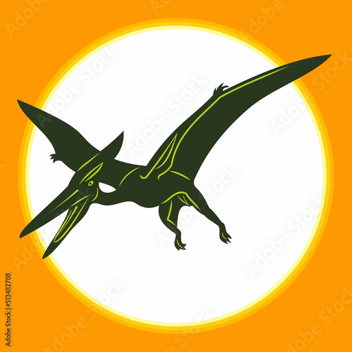 Flight of a prehistoric dinosaur pterodactyl against the background of the sunset and the moon