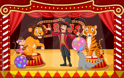 Cartoon circus performers with animals and tamer on circus arena