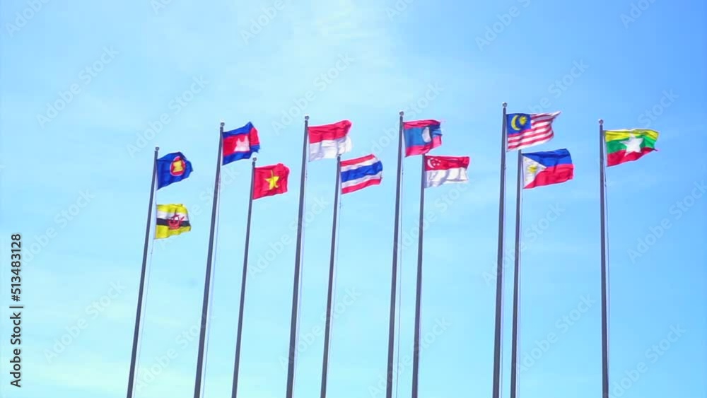 Group of nation flags (ASEAN) with blue sky background 