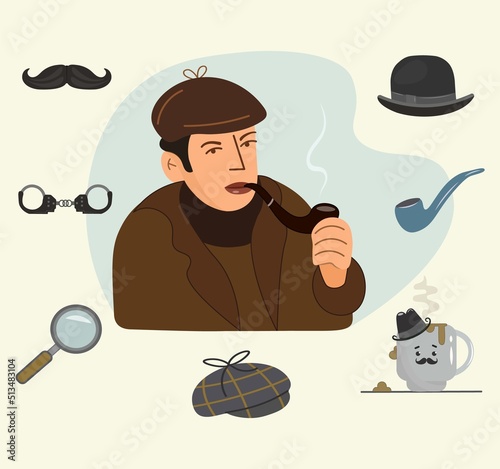 Detective set with Sherlock Holmes. Retro design of a male character with equipment. Icon set elements: male detective, bowler hat, pipe, coffee cup, handcuffs, magnifying glass, mustache. Vector