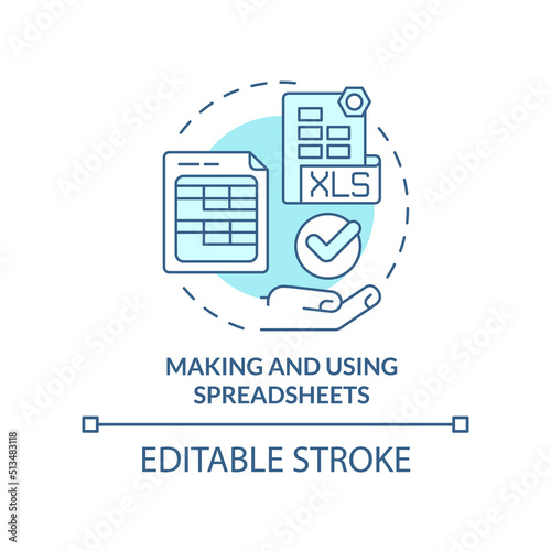 Making and using spreadsheets turquoise concept icon. Critical thinking skill abstract idea thin line illustration. Isolated outline drawing. Editable stroke. Arial, Myriad Pro-Bold fonts used