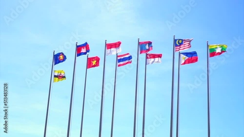 Group of nation flags (ASEAN) with blue sky background  photo