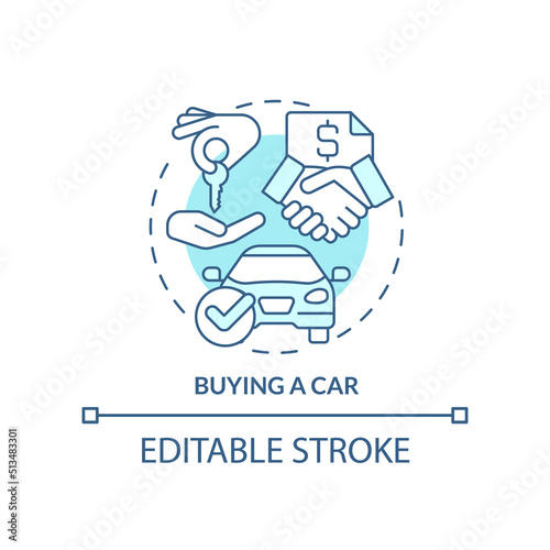 Buying car turquoise concept icon. Life skill abstract idea thin line illustration. Purchasing vehicle. Car dealership. Isolated outline drawing. Editable stroke. Arial, Myriad Pro-Bold fonts used