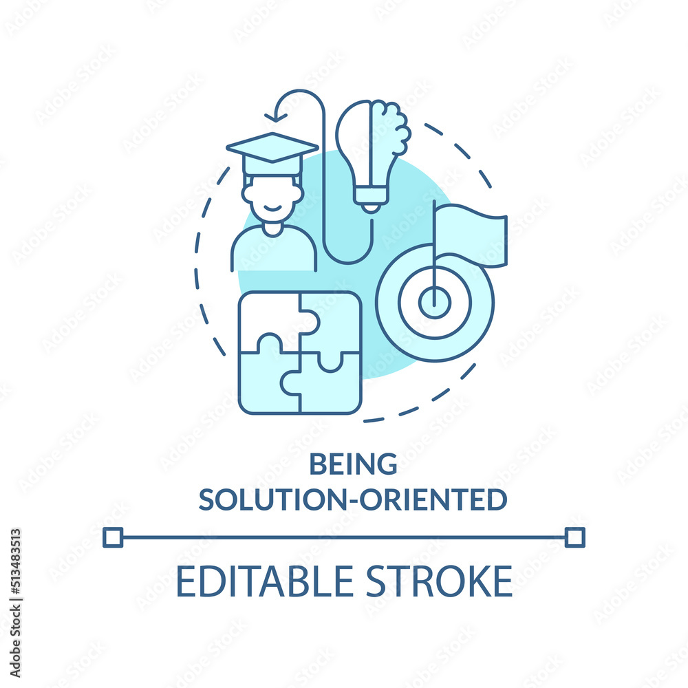 Being solution-oriented turquoise concept icon. Resilience skill abstract idea thin line illustration. Achieving goals. Isolated outline drawing. Editable stroke. Arial, Myriad Pro-Bold fonts used Being solution-oriented turquoise concept icon. Resilience skill abstract idea thin line illustration. Achieving goals. Isolated outline drawing. Editable stroke. Arial, Myriad Pro-Bold fonts used