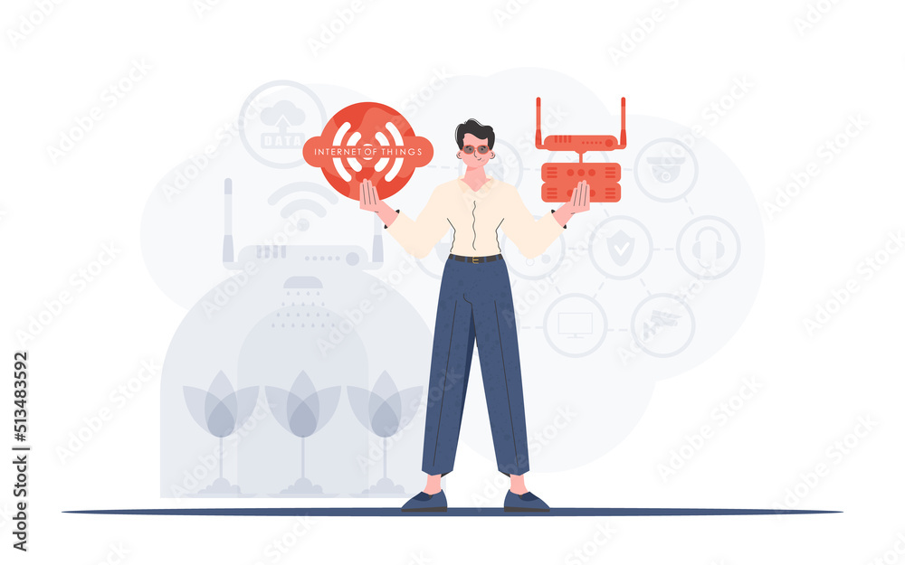 Internet of things concept. A man holds the internet of things logo in her hands. Router and server. Good for presentations and websites. Vector illustration in trendy flat style. Internet of things concept. A man holds the internet of things logo in her hands. Router and server. Good for presentations and websites. Vector illustration in trendy flat style.