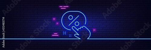 Neon light glow effect. Discount button line icon. Sale offer sign. Promotion price symbol. 3d line neon glow icon. Brick wall banner. Discount button outline. Vector