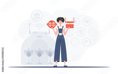 Internet of things and automation concept. A woman is holding an internet thing icon in her hands. Router and server. Good for websites and presentations. Vector illustration in trendy flat style.