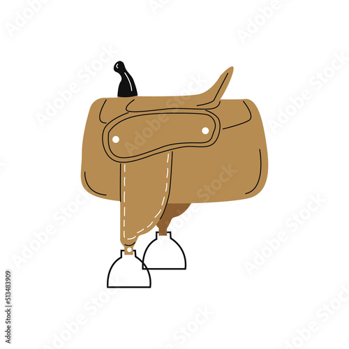 Cartoon сowgirl brown saddle for horse, horseback riding. Leather horse supply. Equestrian sport. Cowboy western theme, wild west concept. Horse Ranch. Hand drawn colored flat vector illustration.