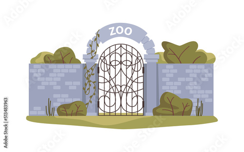Entrance gate to zoo, nature reserve conservation of exotic flora and fauna. Wall of bricks, arch with metal doors leading to zoological garden. Flat cartoon, vector illustration