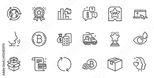 Outline set of Packing boxes, Accounting wealth and Refresh line icons for web application. Talk, information, delivery truck outline icon. Include Refresh bitcoin, Eye drops, Bitcoin icons. Vector