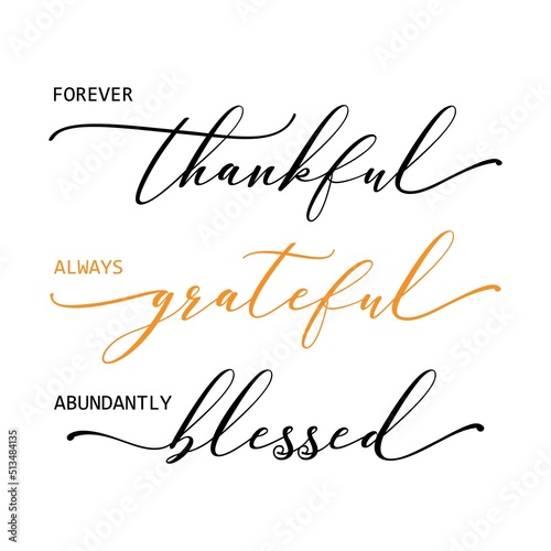 Vector illustration with quote Forever Thankful Always Grateful Abundantly Blessed isolated on white background. Fall, autumn poster for family holidays, Happy Thanksgiving, home decoration. © Olga