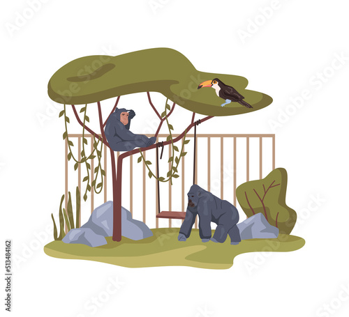Gorillas and monkeys in menagerie, flora and fauna of African wildlife. Nature reserve with simians in natural habitat in zoological garden. Flat cartoon, vector illustration
