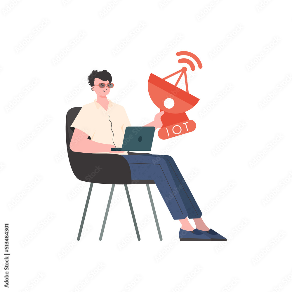 Fototapeta premium Internet of things and automation concept. The guy is holding a satellite dish in his hands. Isolated on white background. Vector illustration in flat style.