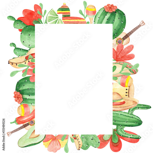 Fiesta frame isolated on a white background. Watercolor template for Mexican holiday party. Cactus, sombrero, avocado, pinata, tacos, ceramic pot, chili pepper, lime, and more objects.