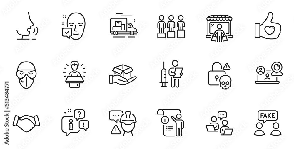 Outline set of Teamwork, Face accepted and Cyber attack line icons for web application. Talk, information, delivery truck outline icon. Include Brand ambassador, Medical mask, Hold box icons. Vector Outline set of Teamwork, Face accepted and Cyber attack line icons for web application. Talk, information, delivery truck outline icon. Include Brand ambassador, Medical mask, Hold box icons. Vector