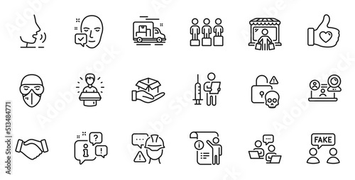 Outline set of Teamwork, Face accepted and Cyber attack line icons for web application. Talk, information, delivery truck outline icon. Include Brand ambassador, Medical mask, Hold box icons. Vector