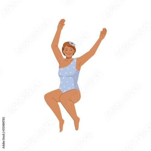 Female personage jumping wearing swimsuit. Woman in swimwear resting by seaside, pool or lake. Beach activities and leisure. Flat cartoon character, vector illustration