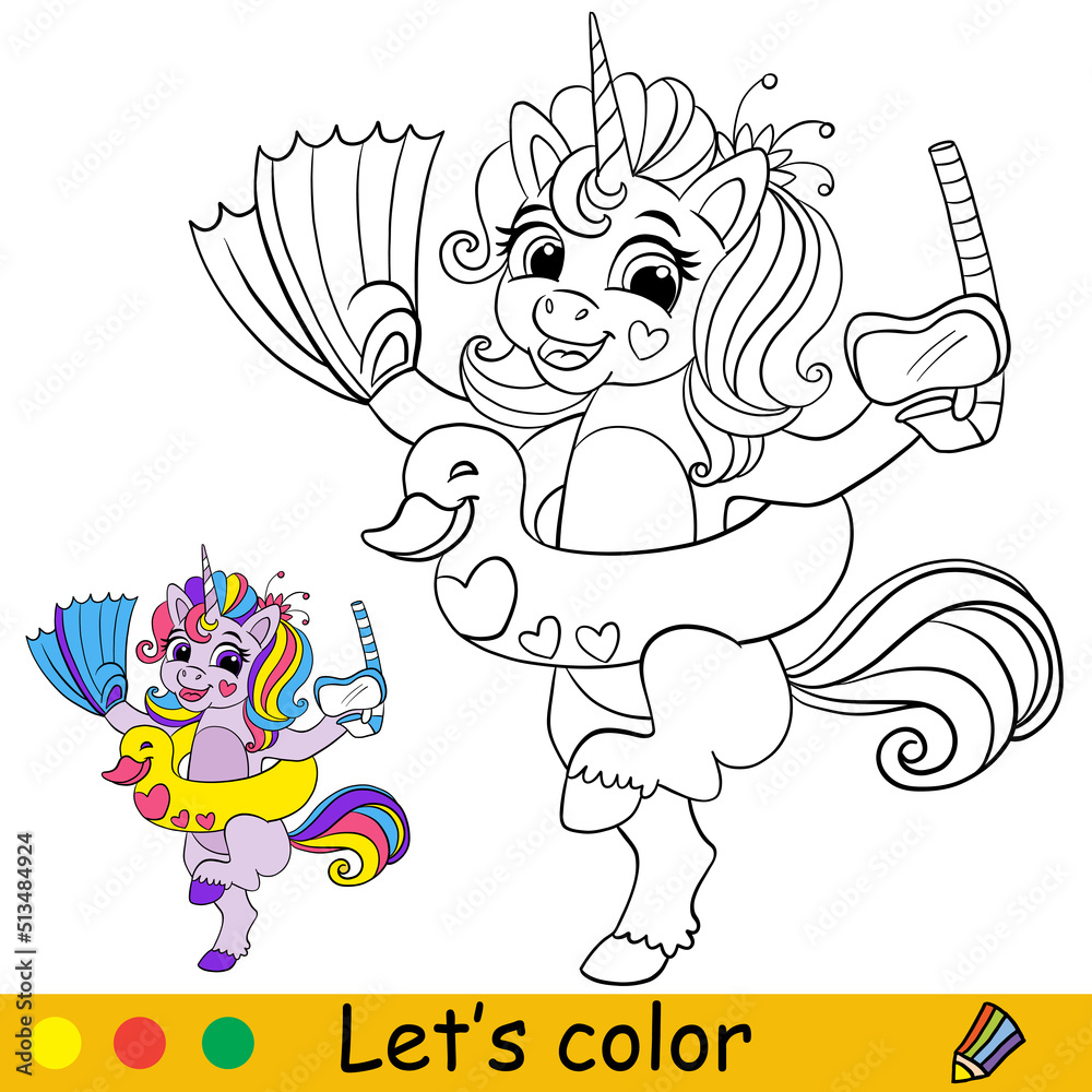 Cartoon unicorn with swimming circle duck coloring book page vector ...