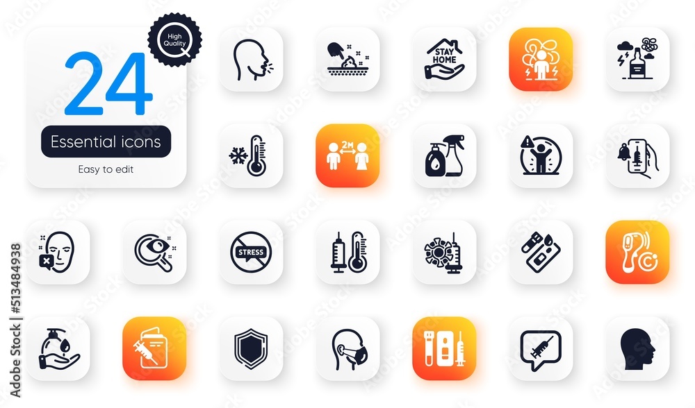 Set of Medical flat icons. Difficult stress, Wash hands and Stay home elements for web application. Social distance, Vaccination passport, Vaccine message icons. Covid test, Vision test. Vector Set of Medical flat icons. Difficult stress, Wash hands and Stay home elements for web application. Social distance, Vaccination passport, Vaccine message icons. Covid test, Vision test. Vector