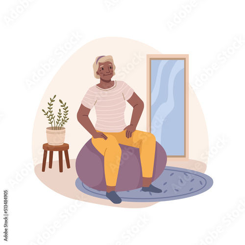 Grandmother doing sports at home, female character working out. Fitness and aerobics during retirement. Woman sitting on fit ball, sporty senior lady. Vector illustration, flat style