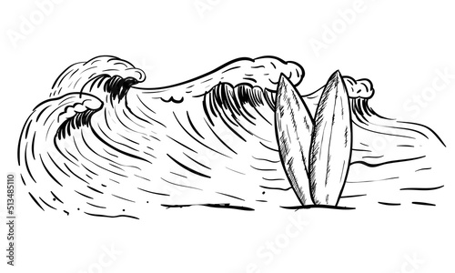 Surfing board vector design. Beach wave and surfing board elements for fashion, poster, batch, sticker and others uses. Hand sketch artwork. 