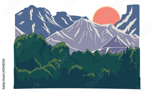 Colorful Rocky mountain vector print design. Wild adventure artwork design for posters, stickers, background and others.