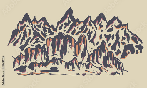 Mountain vintage vector print design. Hill illustration t-shirt design. Hand sketch graphic print artwork for apparel, stickers, posters, background and others.