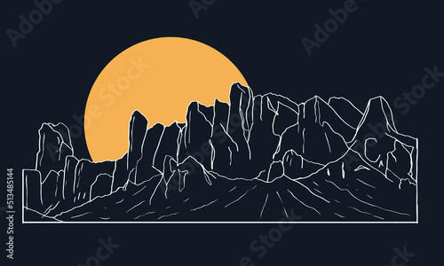 Black and white mountain line hand sketch design for t-shirt and others. Mountain with sun drawing graphic artwork for sticker, poster, background.