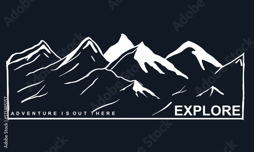 Mountain vector print design . Black and white illustration t-shirt design. Hand sketch mountain graphic print artwork for apparel, stickers, posters, background and others.