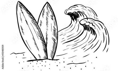 Surfing board vector design. Beach wave and surfing board elements for fashion, poster, batch, sticker and others uses. Hand sketch line artwork. 