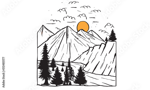 Outdoor adventure vector graphic for t shirt, poster and other uses. Mountain black and white graphic landscape sketch vector. Mountain lake illustration. 