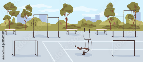 Public space, park with equipment for sports and activities. Sportive devices for growing muscles, stretching and leading healthy sporty lifestyle. Flat cartoon, vector illustration
