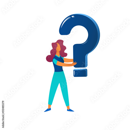 Vector flat illustration of a woman holding a question mark, frequently asked questions or FAQ, call center, Q&A, online support center 