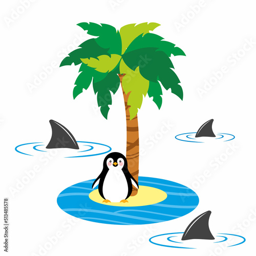 The penguin stands on a small island under palm trees in the open sea and sharks swim around