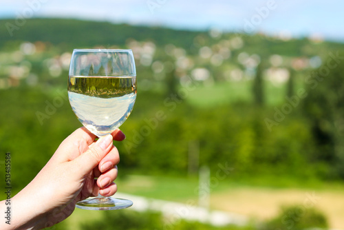 Female hand holding a glass of white wine on a blurred valley background with vineyards. Selective focus
