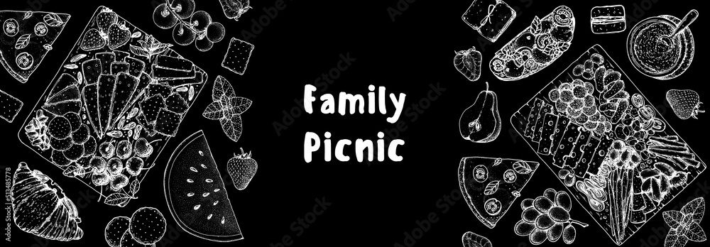 Fototapeta premium Picnic food top view. Hand drawn vector illustration. Food and drink sketch. Antipasti, pizza, sandwich, fruits, snacks for lunch or dinner. Summer Food top view frame.