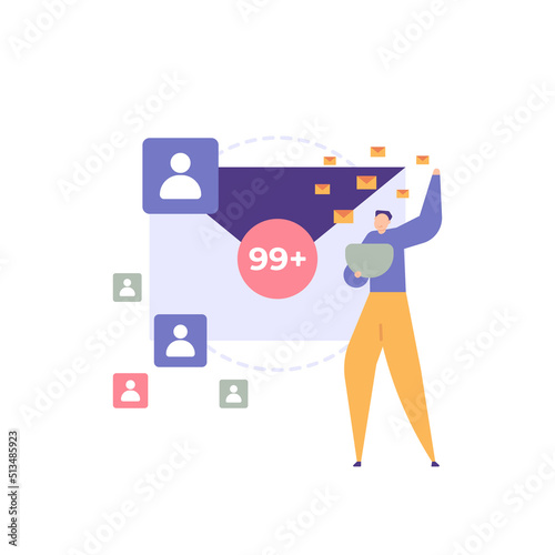 spam messages  broadcast messages  sharing information. a man spreads boom messages to people. e-mail  chat  communication media. icons and symbols. flat cartoon illustration. concept design. ui 