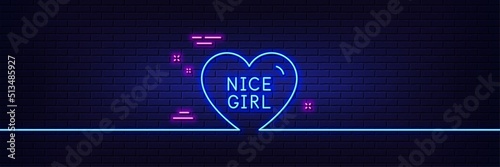 Neon light glow effect. Nice girl line icon. Sweet heart sign. Valentine day love symbol. 3d line neon glow icon. Brick wall banner. Nice girl outline. Vector