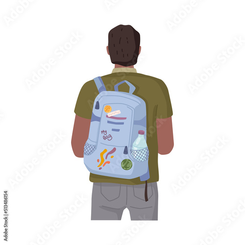 College or university student with backpack his way to school isolated flat cartoon character rear view. Vector young man with rucksack, male in casual cloth
