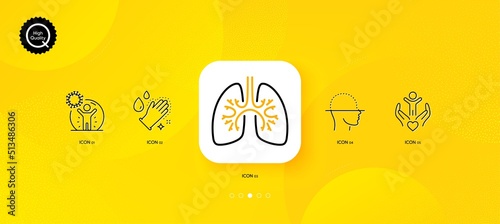 Lungs, Coronavirus protection and Volunteer minimal line icons. Yellow abstract background. Face scanning, Washing hands icons. For web, application, printing. Vector