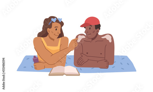 Couple on beach, woman applying sunscreen on man shoulder. Protection of skin from sunshine, using sunblock or lotion with SPF. Flat cartoon character, vector illustration