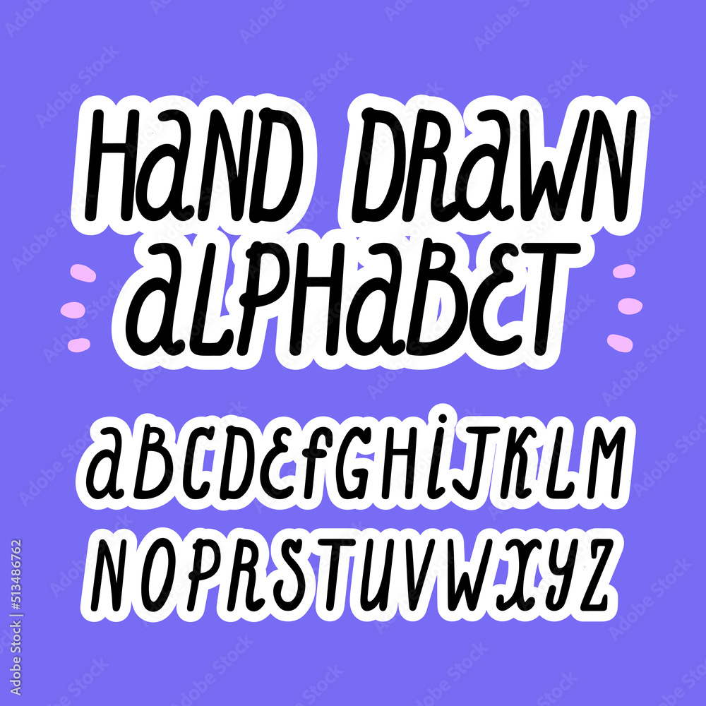 Hand drawn alphabet. Vector cartoon letters with stroke. Cheerful round font style. Hand drawn alphabet. Vector cartoon letters with stroke. Cheerful round font style.