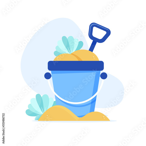 Blue sand bucket, shovel and seashell on white background. Flat design style. 