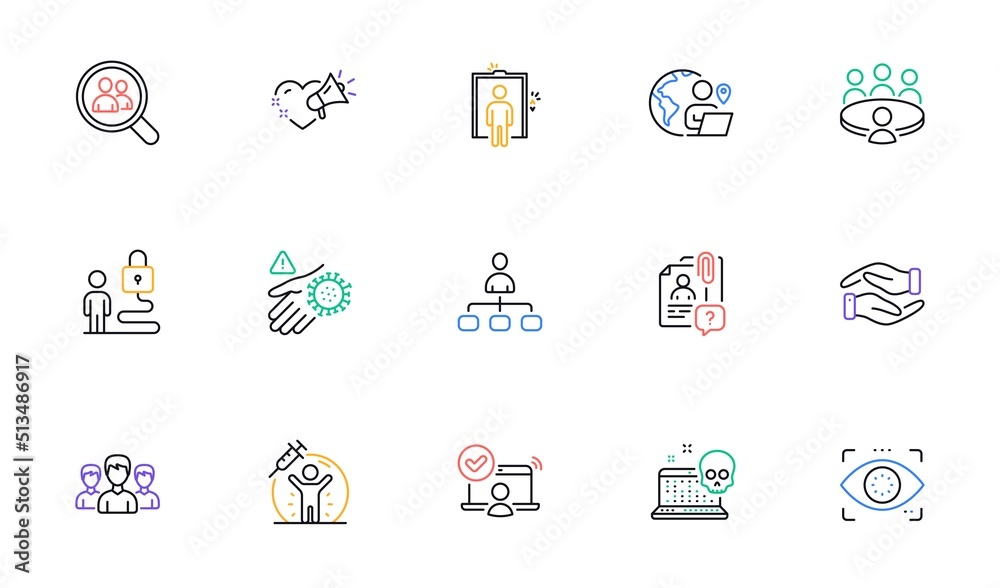 Search employee, Wash hand and Cyber attack line icons for website, printing. Collection of Outsource work, Online access, Helping hand icons. Search employees, Love message. Vector Search employee, Wash hand and Cyber attack line icons for website, printing. Collection of Outsource work, Online access, Helping hand icons. Search employees, Love message. Vector