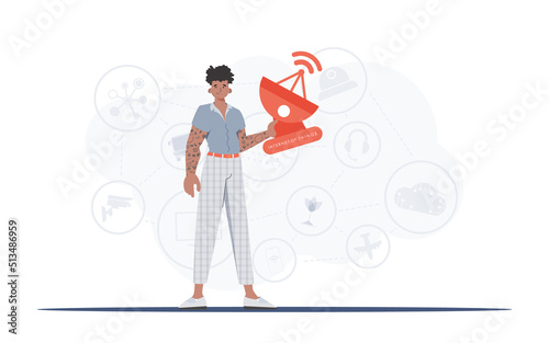 A man holds a satellite dish in his hands. Internet of things concept. Good for presentations, websites and typography. Trendy flat style. Vector illustration.