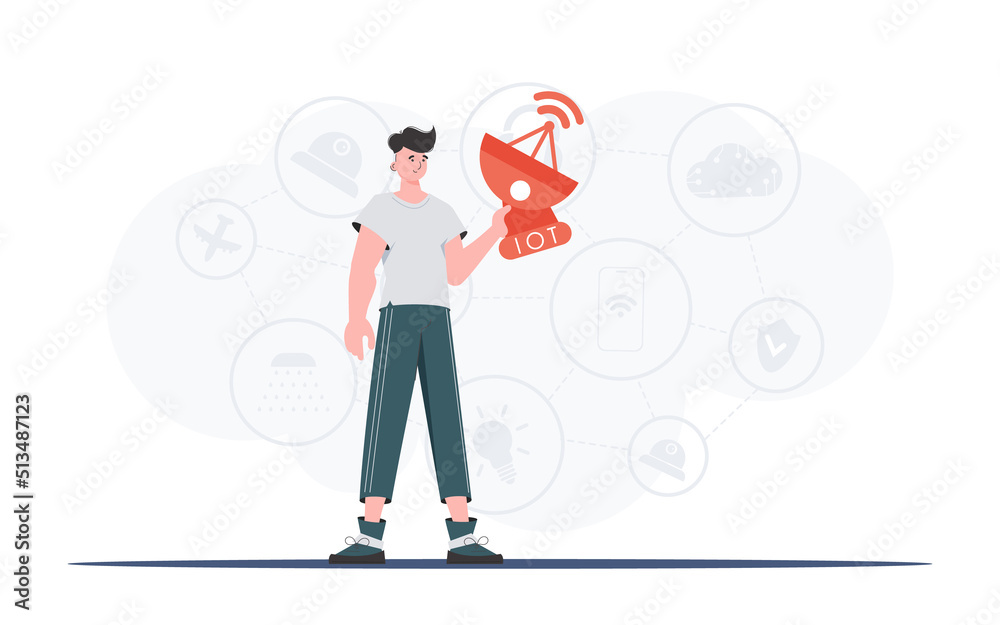 A man holds a satellite dish in his hands. IoT concept. Good for presentations, websites and typography. Vector illustration in trendy flat style. A man holds a satellite dish in his hands. IoT concept. Good for presentations, websites and typography. Vector illustration in trendy flat style.
